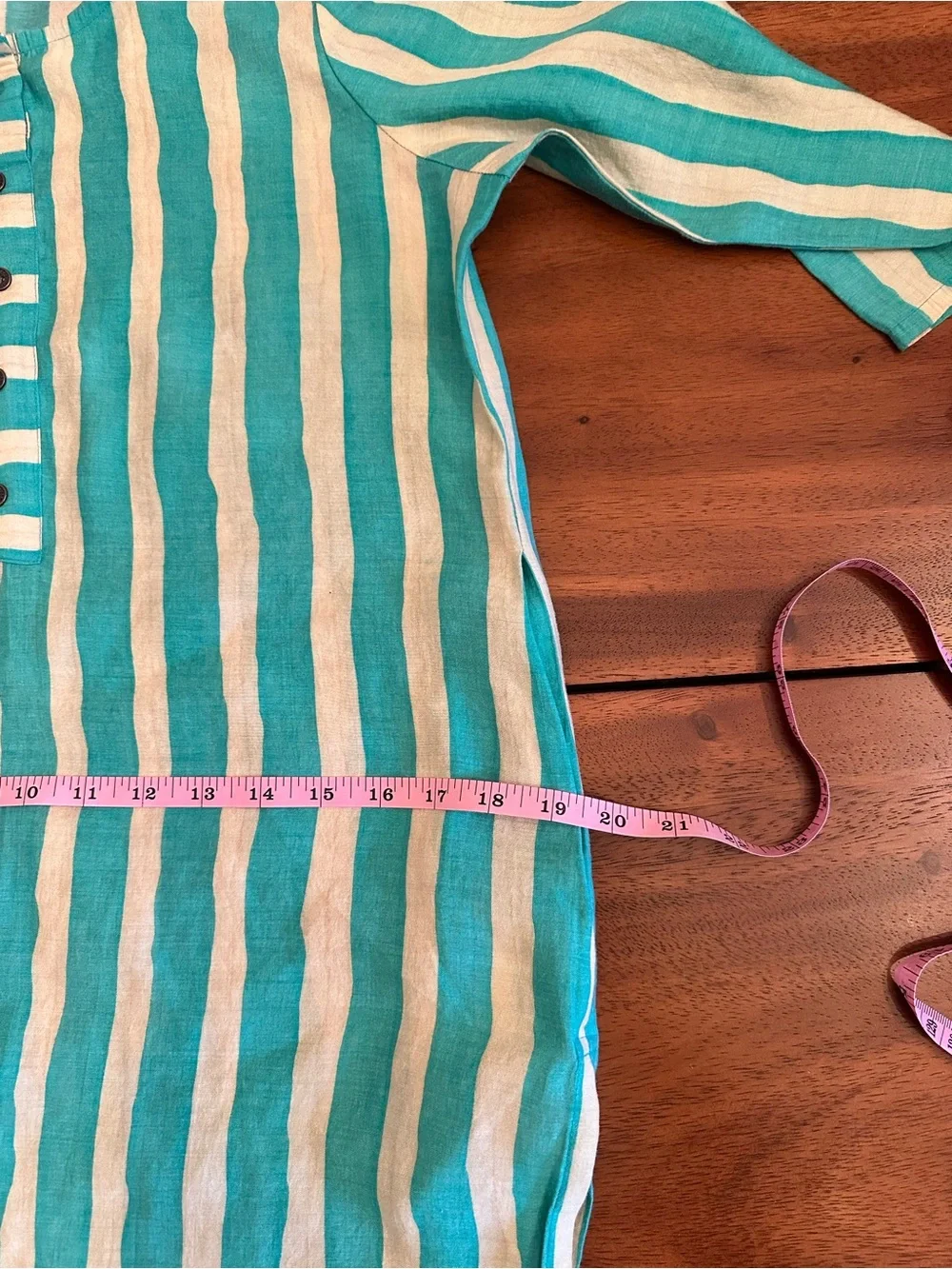 Linen Striped Turquoise and White Tunic Kurta Swimsuit coverup with pockets - Picture 7 of 8